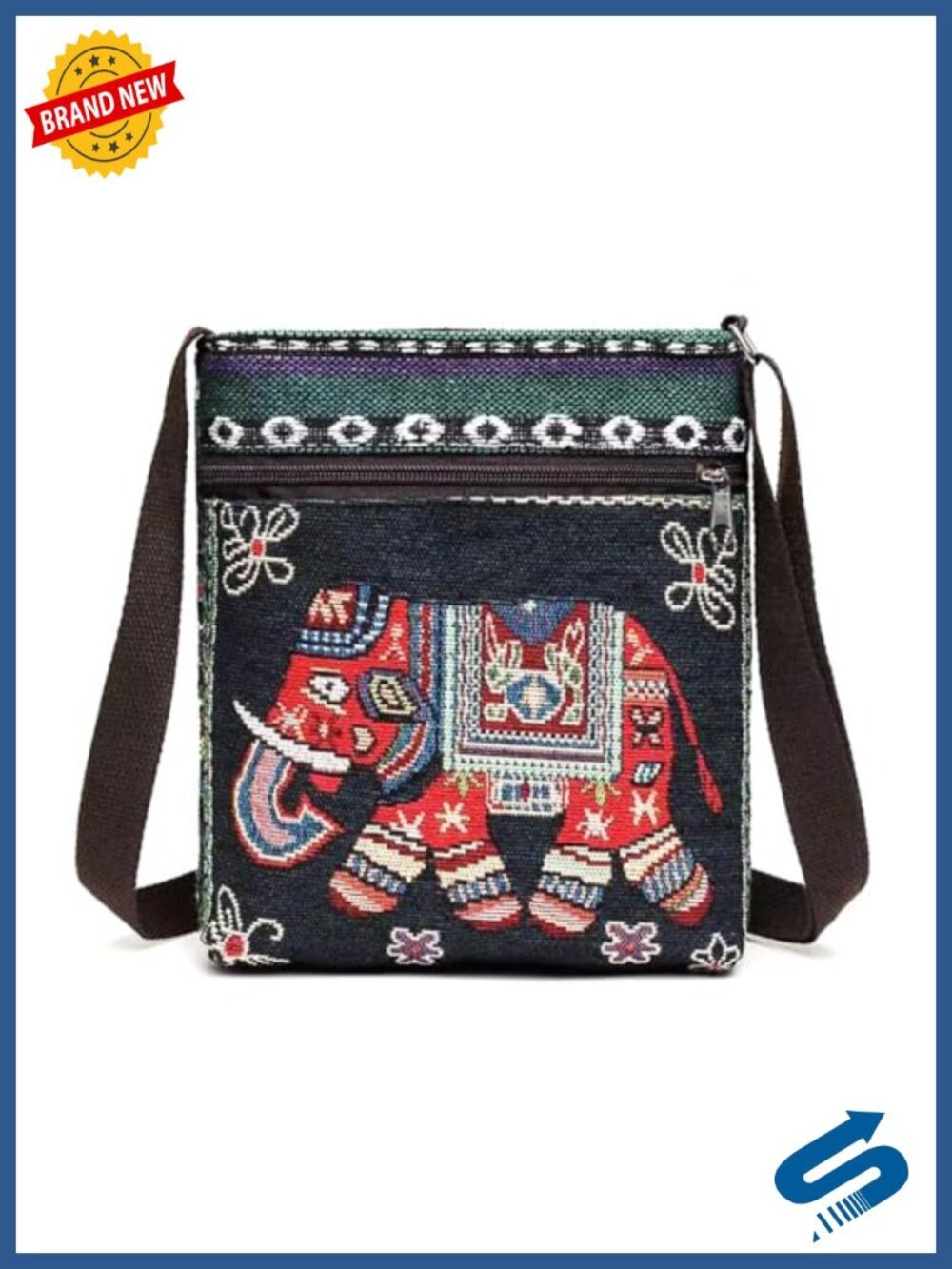 Canvas Embroidery Crossbody Sling Bag with Decorative Elephant Pattern
